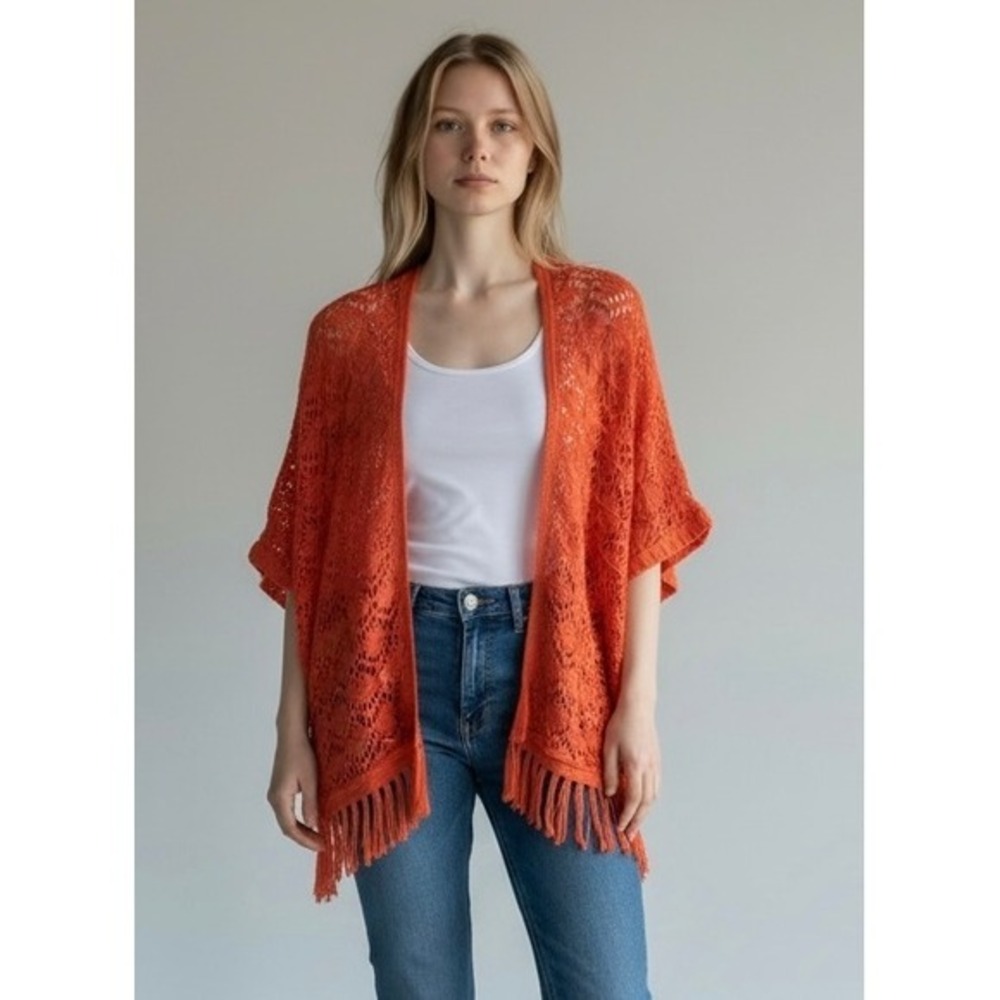🌴 QED London Burnt Orange Pointelle Knit Cardigan Fringe Hem Boho Kimono